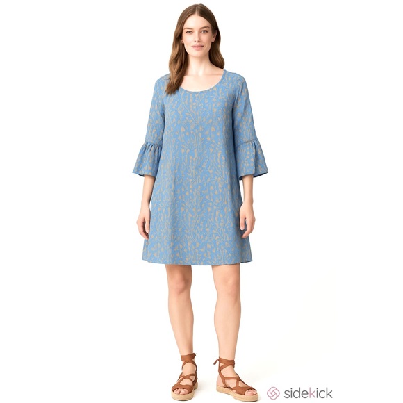 Roller Rabbit Blue Floral Stripe Three Quarter Ruffle Sleeve Dress Women’s Large - Picture 1 of 11